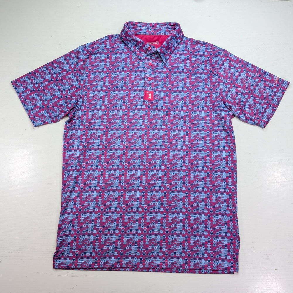 Bogey Bros Golf Polo Mens M Pink Blue Geometric Scale Print Stretch